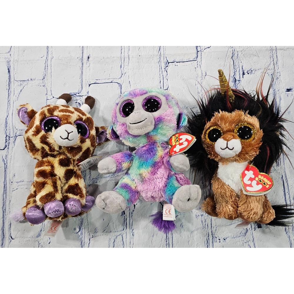 LOT OF 3 Ty Beanie Boos Safari Giraffe Ramsey Lion Zuri Monkey 6" Plush